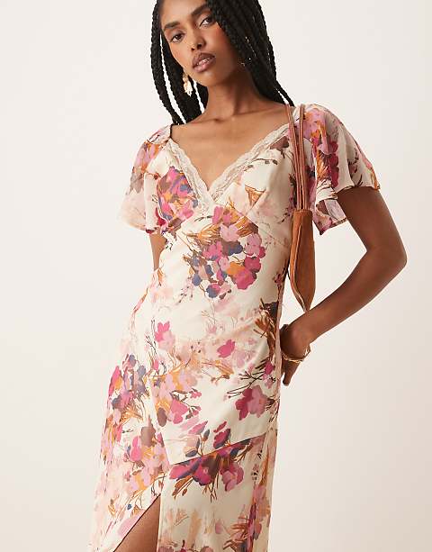 ASOS DESIGN lace insert chiffon midi tea dress in floral print